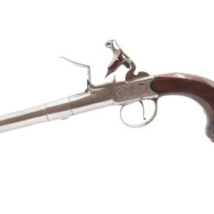 Engraved Antique T. Richards Cannon-Barrel Flintlock Pistol – with Silver Inlay